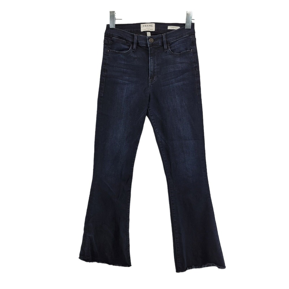 Frame Denim Le High Flare Roxy Raw Hem Size 27 Cropped Dark Wash Blue Stretch